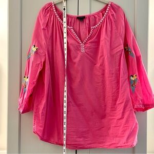 Talbots Tropical Pink Blouse with Parrot Embroidery
